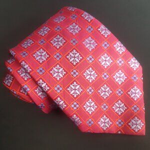 Canali Pink Silk Hot Pink Tie w/ White & Light Blue Flowers, Square Pattern
